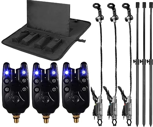 LSOSVSEU's 3 LED Fishing Alarms & Banksticks & Swingers with Waterproof Tool Bag for Ice & Night Fishing