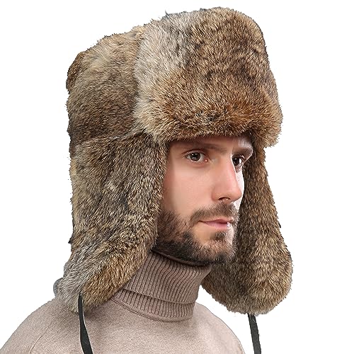 BSYLOO Earflap Trapper Hat for Winter Aviator Windproof Hat Ski Trooper Hat Cap Faux Rabbit Fur Cap for Men Women Brown