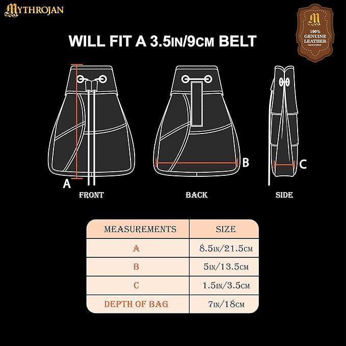 Mythrojan Leather Belt Bag Medieval Pouch Renaissance Drawstring Large Pouch with 100% Genuine Leather, Viking Belt Purse for Reenactments, SCA, LARP, Cosplay Costume Accessory - Brown, 8.5”2