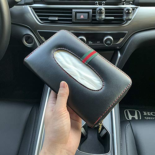 Cartisen Car Tissue Holder, Sun Visor Tissue Holder, Car Visor Napkin Holder, PU Leather Backseat Tissue Case Holder for Car Vehicle with Zipper (Black & Red Line)