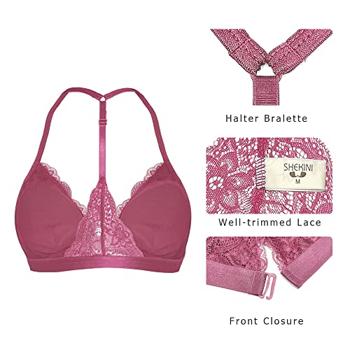 Image of SHEKINI Women's Lace Bra Wireless Padded Triangle Bralettes for Women Front Closure Halter Bras for Women