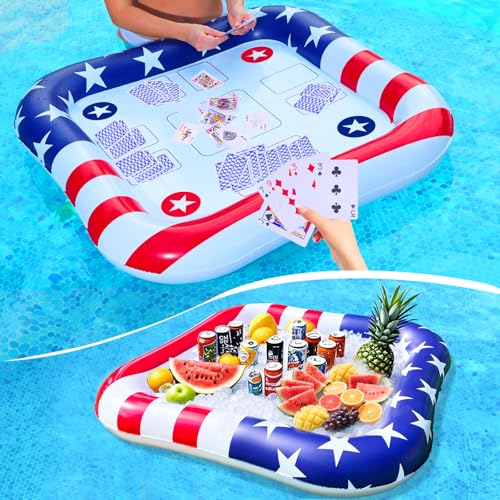2 in 1 Patriotic Inflatable Ice Serving Trays Cooler & Adult Pool Game Table Include Waterproof Playing Cards for 4th of July Party, Large Floating Game Table,Food Drink Holder Cooler,Pool Accessories