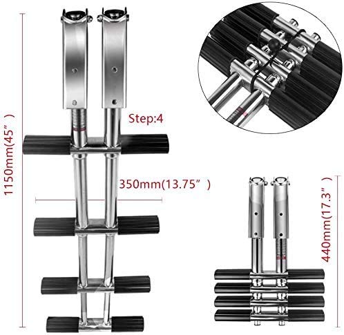 Hoffen 4 Steps Ladder Stainless Sport/Diver Ladder Dual Vertical Telescoping Stable Tube Marine Boat RV Camper