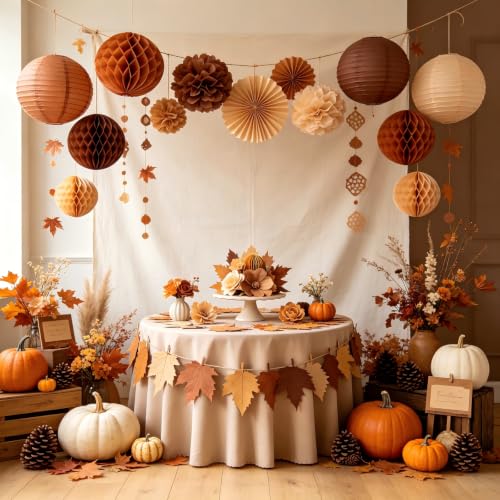 Image of ZOOYOO 12Pcs 6 inch 10 inch Honeycomb Balls Decorations Hanging Tissue Paper Pom Poms for Boho Wedding Birthday Party Baby Shower Fall Decorations(Brown White)