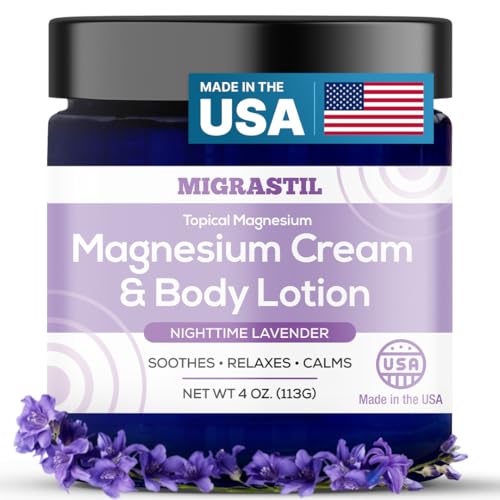 MIGRASTIL Nighttime Lavender Magnesium Cream & Non-Greasy Body Lotion. Extra Strength 250mg Magnesium Chloride for Muscle Relief, Leg Cramps, Relaxation and Sweet Sleep. Vegan, Made in the USA.