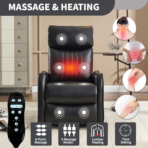 Image of Manual Swivel Rocker Recliner Chair for Adults, Overstuffed Reclining Glider Chair for Nursing with Vibration Massage & Heat, Living Room Rocking Recliner 2-Stage backrest, Faux Leather Black