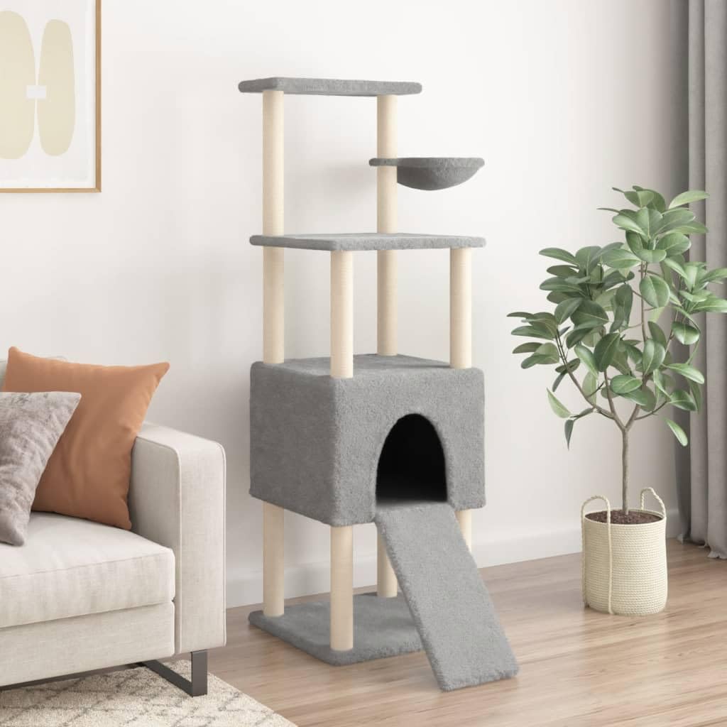 Árbol rascador de 153 cm con cueva, color gris claro | Torre para gatos de varios pisos con cueva, hueco para tumbarse y rampa de juego para el salón, estable y versátil.