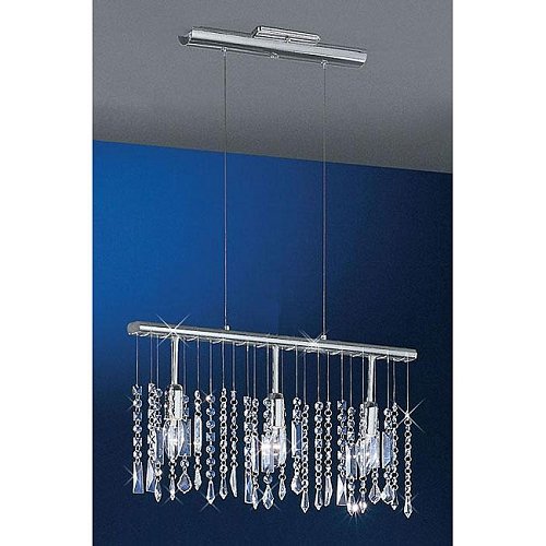 Linear Pendant European Euro Crystals or 30% Lead Crystal 3-bulb Chandelier Multi Light Fixture Overhead 22" 22inch Polished Chrome Ceiling Traditional Yet Contemporary Design Cool Modern Design 3-light Lighting Square Rectangular Shaped Stylish Cont