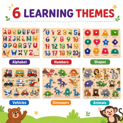 Image of Wooden Peg Puzzles for Kids Ages 3-5, 6 Pack Large ABC Alphabet Number Shape Animal Dinosaur Vehicle Puzzle Set, Preschool Learning Toys, Montessori Educational Gifts for 3 4 5 Boys Girls