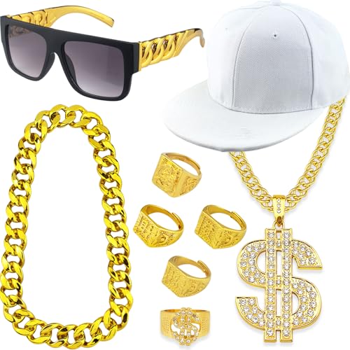 Riuziyi 9Pack 80s 90s Rapper Costume Outfit Men Fake Gold Chain Hip Hop Sunglasses Dollar Sign Kanji Rings for Theme Party (Gold)