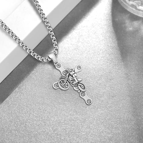 Dirt Bike Motorcycle Necklace 925 Sterling Silver Motocross Necklace Cross Pendant Jewelry Gift Accessories Gear Stuff Christian for Men3