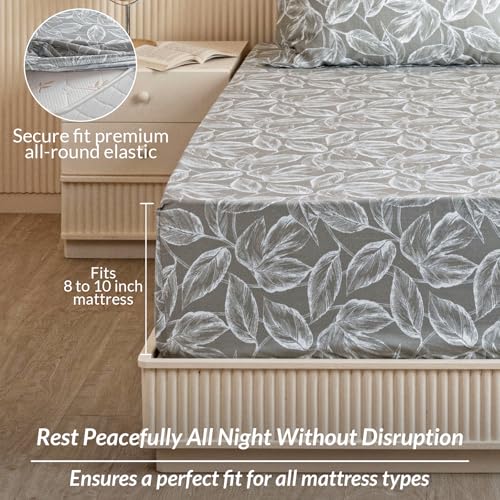 Image of HOMEMONDE Cotton Elastic Bedsheets Leaf Printed Noiseless Fitted Bed Sheets King Size 72 x 78 Inches with 2 Pillow Covers - Grey | Perfect for Home Decor & Gifting