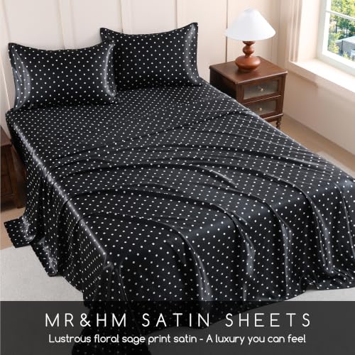 Image of MR&HM Satin Bed Sheets with Elastic Corner Straps, Queen Size Sheets Set, 4 Pcs Silky Bedding Set with 15 Inches Deep Pocket for Mattress (Queen, Polka Dot Black)