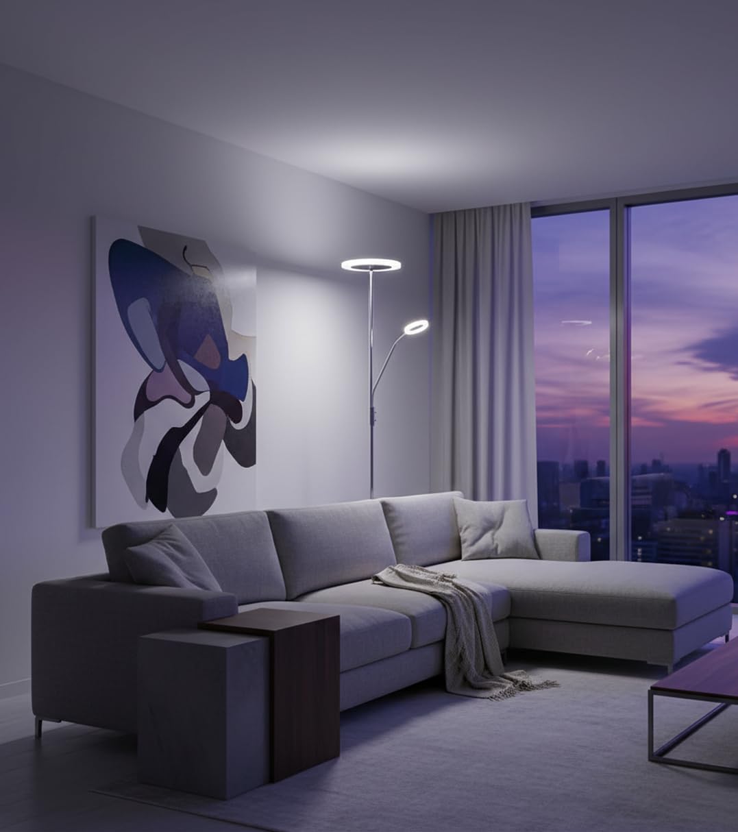 BEL AIR HOME - Lámpara de Pie de Salón Led 26W+6W con Dimmer, BAYANI 3000K 4000K 6500K, Diseño Moderno en Metal, Protección Ocular y Altura de 179cm (PLATA)