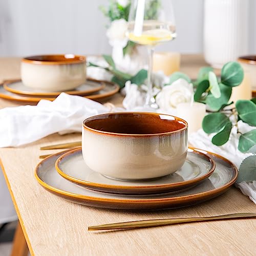Image of LeRatio Ceramic Dinnerware Sets for 6,Poreclain Plates and Bowls Sets,Handmade Reactive Glaze Dishes Set,Chip Resistant and Scratch Resistant | Oven&Dishwasher & Microwave Safe)-Kahki(18PCS)