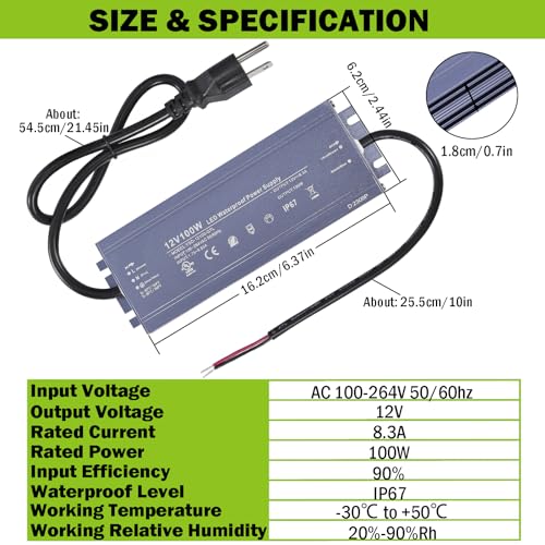 Image of 12V 100W LED Driver Waterproof IP67 Ultra Thin Power Adapter -UL Listed | AC 100-264V to DC 12V 8.3A Low Voltage Transformers with 3-Prong Plug for Outdoor LED Light,Computer Project,3D Printer