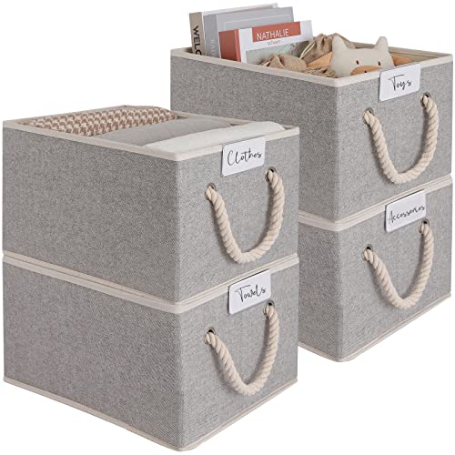 Image of LoforHoney Home Fabric Storage Baskets for Shelves, Foldable Storage Baskets for Organizing, Closet Organizer Bins with Cotton Rope Handles, Canvas Storage Bins for Clothes, Large, Light Gray, 4-Pack