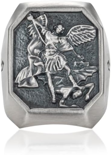 AnuClub Anillo de plata de ley S999 de San Miguel El gran protector Arcángel derrotando a Satanás figura amuleto para hombre