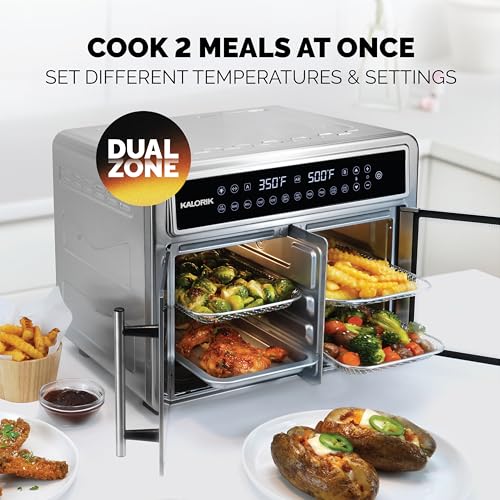 Image of Kalorik Air Fryer Oven MAXX Series 26-Quart Flex Trio with Digital Controls Dual Zone Easy-View Door and 14 Cooking Presets, Converts into Dual 13 Quart Air Fryers, 1700-Watts, Stainless Steel