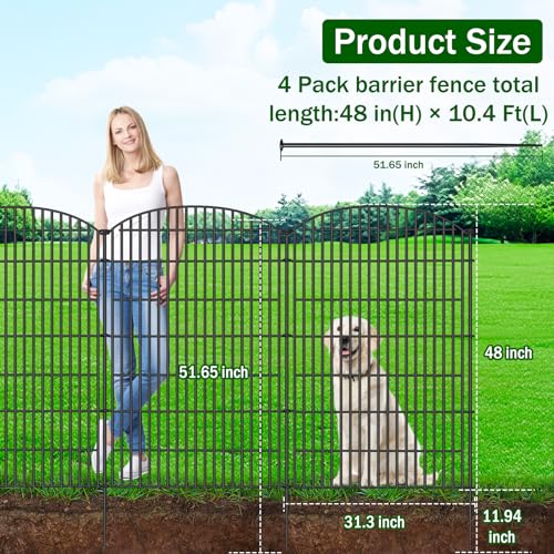Image of No Dig Decorative Garden Fence 4 Panels with Gate, 48 in (H) x 10.4 ft (L), Dog Fence Outdoor for Yard,Rustproof Metal Animal Barrier Ground Stakes Fencing for Garden, Patio, Flower Bed