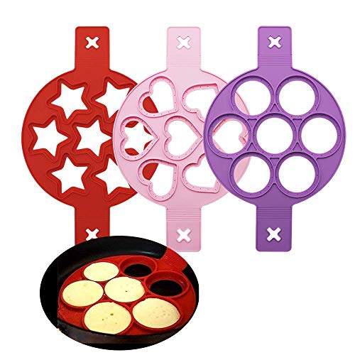 Moule à oeufs en silicone, 3PCS Moule à crêpes en forme de coeur, de rond et d'étoile pour gagner du temps de cuisson, moule à biscuits isolé pour une cuisson rapide et facile des oeufs
