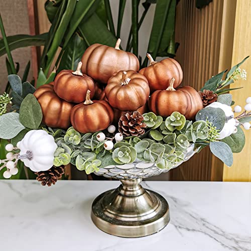 BESTTOYHOME 12 Pcs Assorted Faux Small Metallic Bronze Pumpkins Decorative Pumpkins Foam Pumpkins Fall Artificial Pumpkins for Fall Halloween Thanksgiving Harvest Gifts Table Centerpiece Mantel Decor