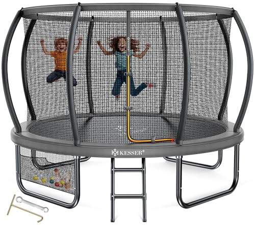 KESSER Trampoline d'extérieur Ø 244/305/366/427 cm, certificat GS, trampoline de jardin pour enfants et adultes < 50 kg avec filet de sécurité, sac, échelle, housse de bord et barres de filet