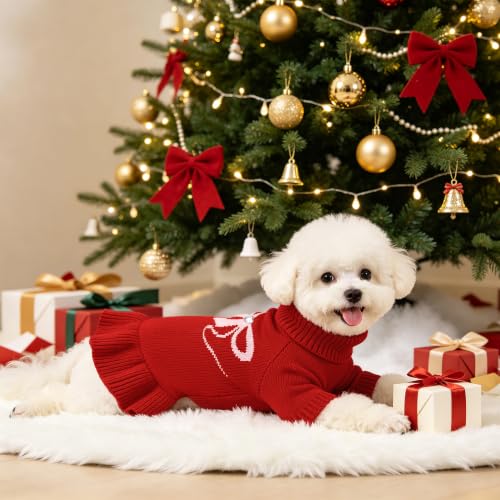 Image of YUDODO Bowknot Dog Sweater Dress for Small Dogs Girl, Stretchy Pet Clothes
