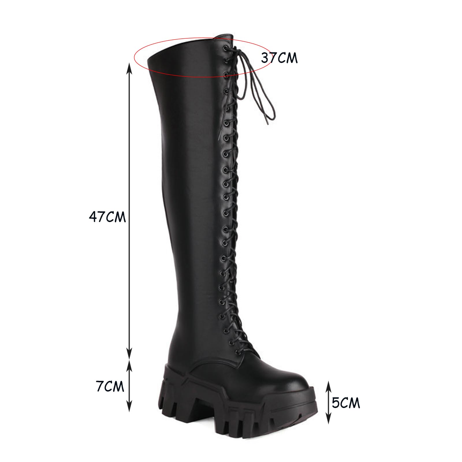 Botas Altas hasta la Rodilla para Mujer Plataforma Grueso Tacón Botas largas Cremallera con Cordones Botas de Combate de Motocicleta