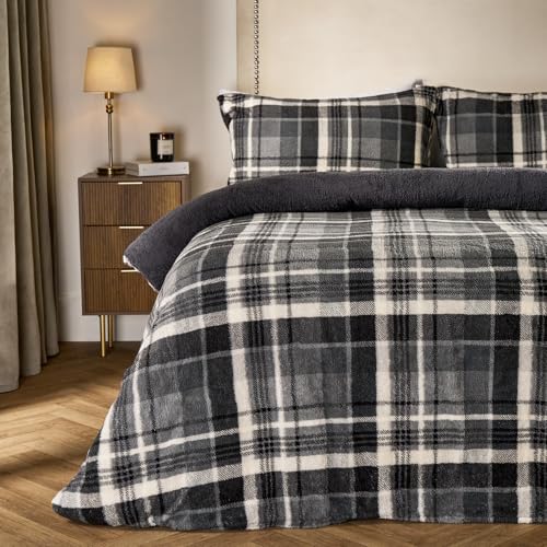 OHS Teddy Fleece King Size Duvet Cover Set Super Soft Warm Thermal Teddy Bear Bedding Classic Tartan Check Fluffy Cosy King Size Bedding Set with Pillowcases Charcoal Grey
