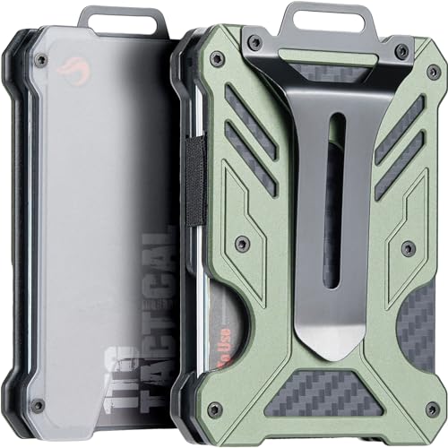 Image of 1T Tactical Minimalist Slim Wallet with Moeny Clip, Front Pocket RFID Blocking Wallet Cash Holder, Versatile Credit Card Orgainzer, ID Card Badge Holder for Men, Green, One size, Metal Mini Wallet