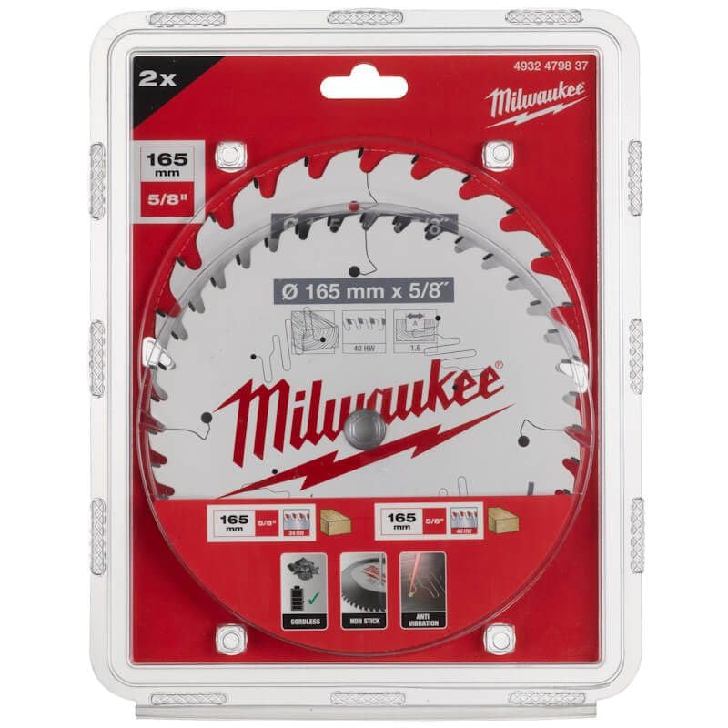 Milwaukee Hoja de sierra circular de madera para sierras circulares inalámbricas, paquete doble, 165/15,87 mm, Z24 diente alterno y diente alterno Z40 de 165/15,87 mm