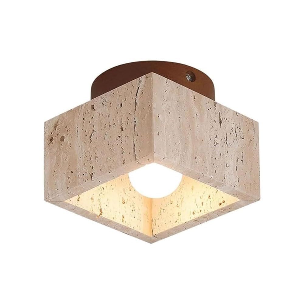 ITOSUI Modernist Square Travertine Flush Mount Ceiling Light Small Cube Stone Lamp 4.7-Inch Natural Beige for Hallway Entryway Corridor Kitchen Wood Base E26