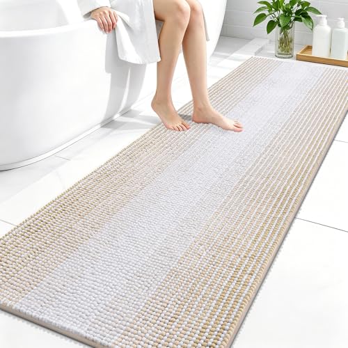 Image of OLANLY Bathroom Runner Rugs 70x24, Extra Soft Absorbent Chenille Striped Bath Rugs, Rubber Backing, Machine Wash Dry, Long Bath Mats for Bathroom, Tub, Shower, Home Decor Accessories, Beige