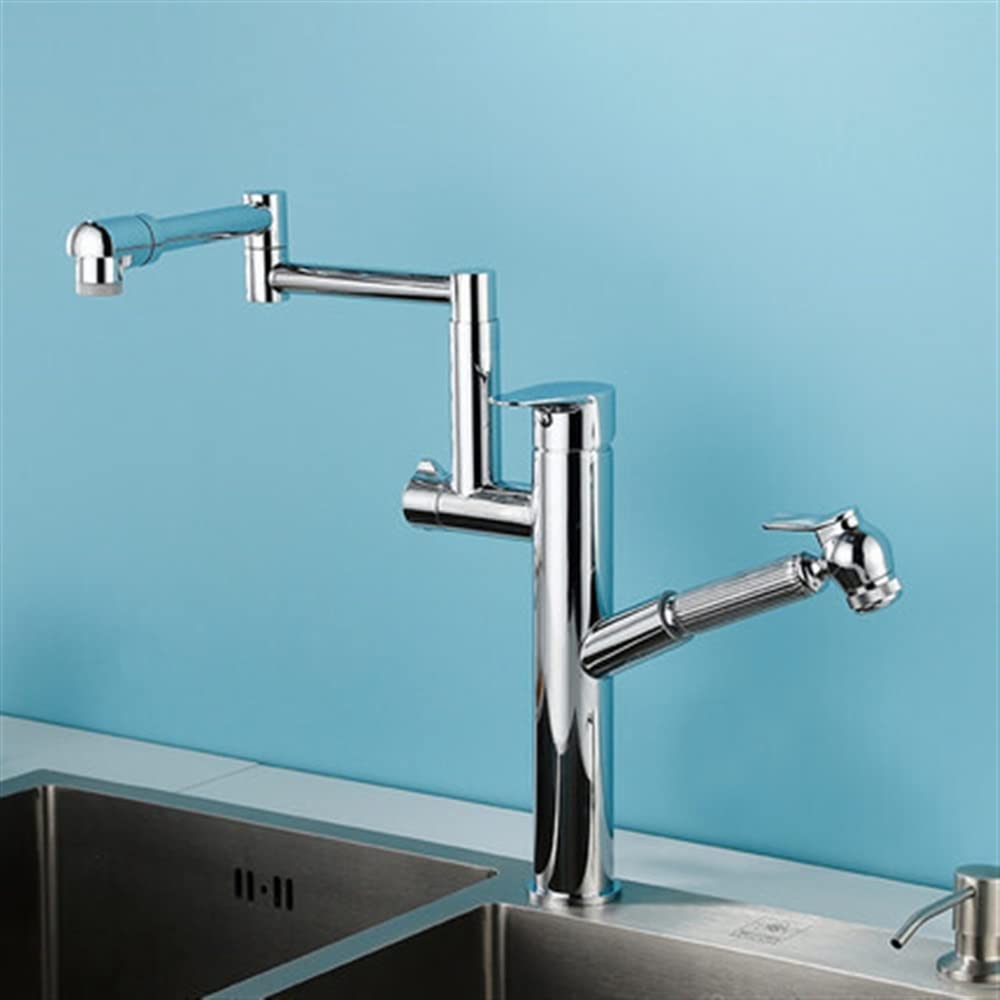 BHFPFZA 360° Rotating Chandelier Kitchen Faucet Solid Brass Hot & Cold Mixer Tap PullOut Single Handle Sink Faucet Modern Chrome Design for Easy Use