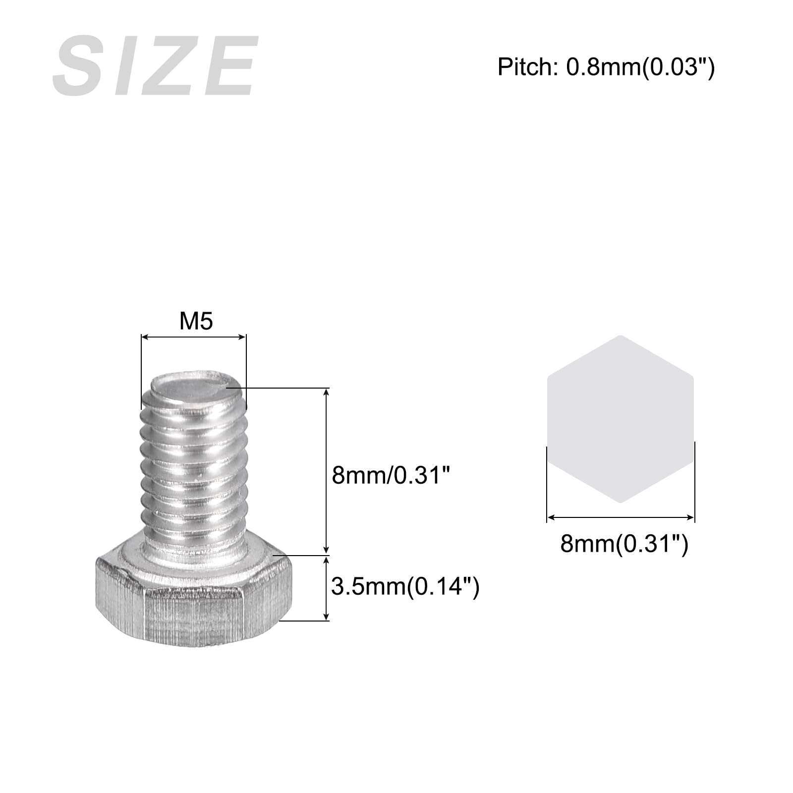 METALLIXITY Hex Bolts (M5-0.8x8mm) 30Pcs, 304 Stainless Steel Coarse Fully Threaded Hex Head Screw Bolt Machine Screws - Image 2