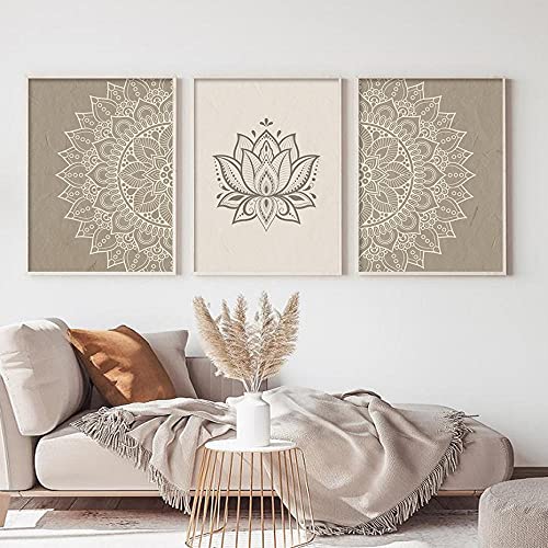 cbVdfhndsgv Beige Bohème Mandala Wall Art Print Lotus Toile Peinture Abstraite Fleur Photo Boho Chic Affiche Minimaliste Yoga Wall Decor 50x70cmx3 Sans Cadre
