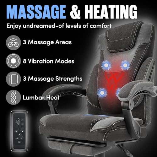 Image of Massage Office Chair with Foot Rest,6-Point Vibration & Heat Executive Office Chairs,Ergonomic Desk Chair for Heavy People,Big and Tall Fabric Office Chair 500LBS,Reclining Managerial Chair,BlackGrey
