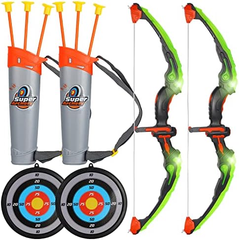 MorTime 2 Pack Bow and Arrow Set with LED Flash Lights, Practice Outdoor Toys for Kids ，Green Light Up Archery Toy Set -Includes 6 Suction Cup Arrows