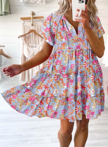Image of Dokotoo Womens Summer Casual Boho Floral Dresses 2026 V Neck Short Sleeve Sundresses Flowy Swing A-Line Mini Dress