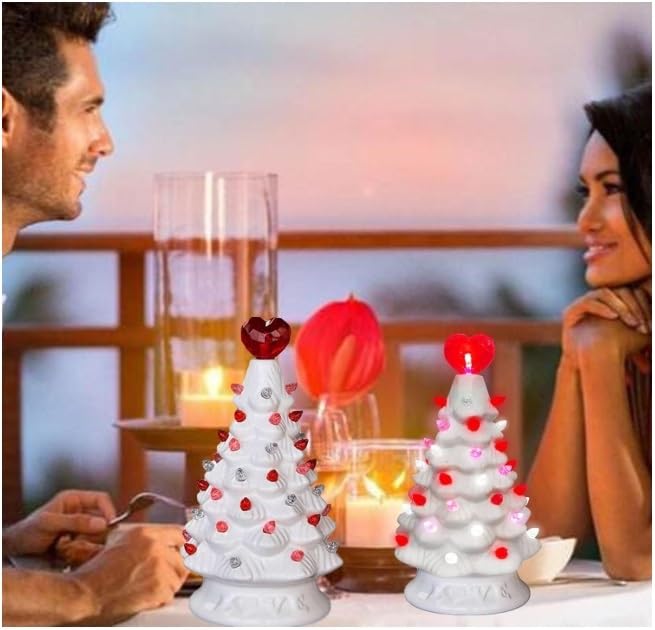 Árbol de mesa iluminado de corazón para el día de San Valentín, árbol de cerámica blanca de San Valentín con luces, árbol de cerámica del día de San Valentín de 6.3 pulgadas, para decoración del hogar