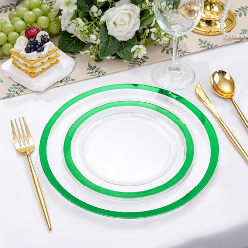 U-QE 120PCS Clear Green Plastic Plates - Clear Plastic Plate Disposable Heavy Duty- Include 60 10" Dinner and 60 7" Dessert Plates, Perfect for Party, Wedding