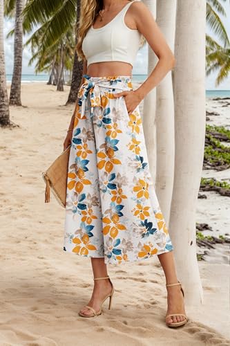 Image of IWOLLENCE Women Flowy Loose Wide Leg Pant Summer Beach Casual Trousers high Waist Adjustable Knot Business Work Casual Pants