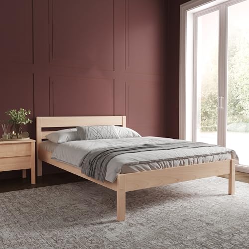 Hansales Holzbett 140x200 cm Külli Scandi Style ohne Rollrost - mit klarem Öl beschichtet - aus unbehandeltem hartem FSC® Birken Vollholz - Naturfarbe - 350 kg - Einzelbett Bettgestell mit Kopfteil