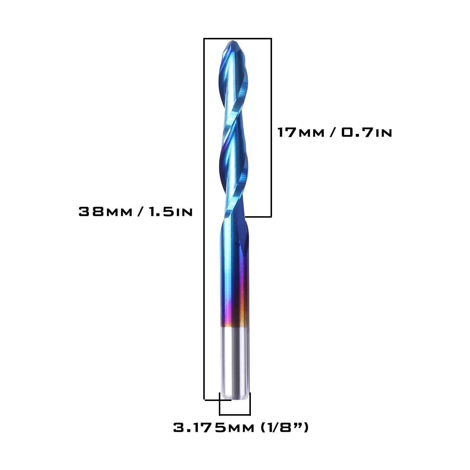 Lot de 10 fraises à bout sphérique CNC 3,175 mm Tige spirale Upcut Design en carbure de tungstène Nano Revêtement bleu avec boîte