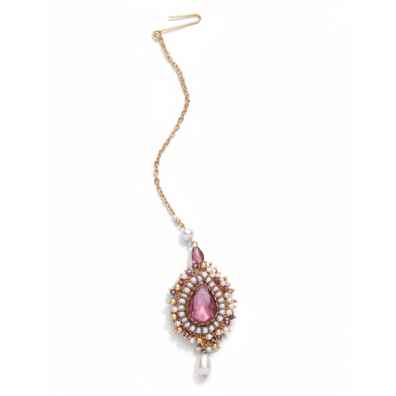 Embroidered Maang Tikka for Women | Violet Stone, Beads & Pearl Bridal Headpiece | Ethnic Jewelry for Weddings & Festive Occasions-image-33