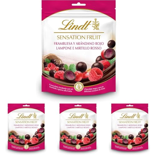 Lindt Sensation Fruit - Bolitas de Chocolate Negro con Frambuesa y Arándano Rojo, bolitas de chocolate con interior de fruta, 150gr (Paquete de 4)