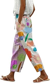 Women's Vintage Floral Print High Elastic Waist Wide Leg Capri Beach Pal...