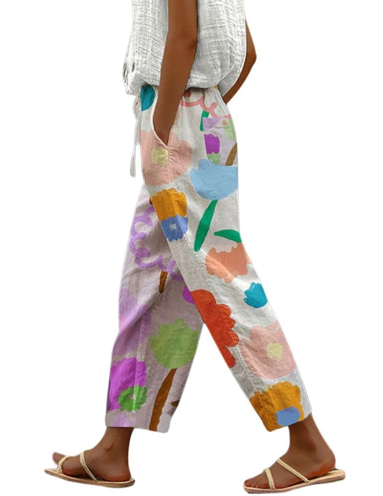 chouyatou Womens Vintage Floral Print High Elastic Waist Wide Leg Capri Beach Palazzo Pants with Pockets
