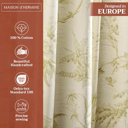 Image of Maison d' Hermine Curtains for Living Room 100% Cotton 50 inchx84 inch (Pack of 1) | 84 inches long Light Filtering Toile Curtains for Windows with Rod and Loop Pockets - Paradise - Sage
